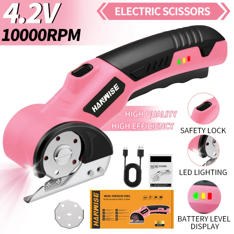 HANWISE 4.2V Cordless Electric Scissors, with 2000mAh Battery, Safety Lock, LED Light And Ergonomic Anti Slip Handle, 10000 RPM, Rotary Cutter, Cardboard Cutting Machine, Fabric Cutting Machine, Used for Clothing, Cardboard, Carpet, Leather, Fabric
HANWISE 4.2V Cordless Electric Scissors, with 2000mAh Battery, Safety Lock, LED Light And Ergonomic Anti Slip Handle, 10000 RPM, Rotary Cutter, Cardboard Cutting Machine, Fabric Cutting Machine, Used for Clothing, Cardboard, Carpet, Leather, Fabric
