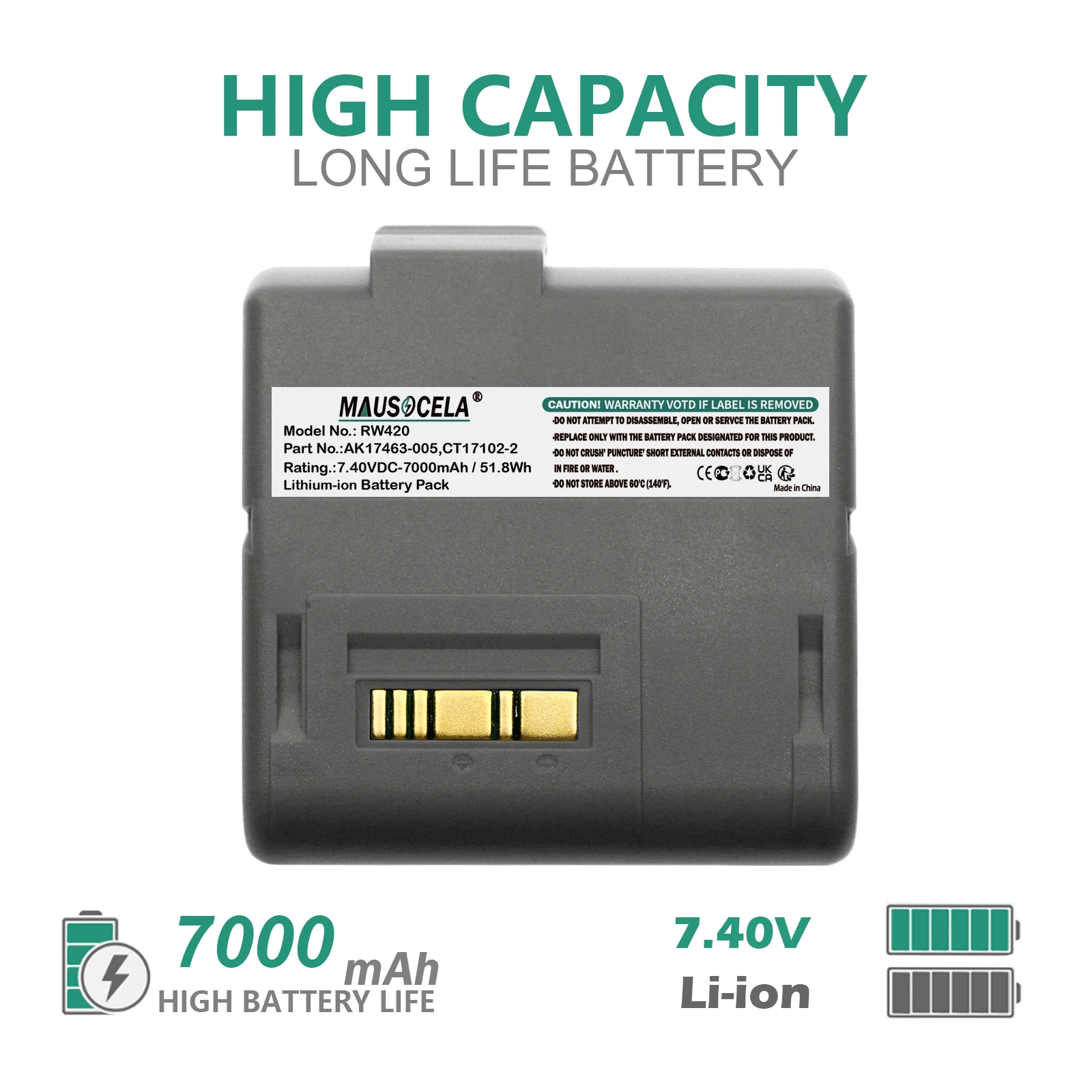 7000mAh Portable Printer Battery For Zebra:AK17463-005,CT17102-2,RW420,L405,RW420 EQ,+Toolkit--Li-ion--7.40V--7000mAh / 51.80Wh
7000mAh Portable Printer Battery For Zebra:AK17463-005,CT17102-2,RW420,L405,RW420 EQ,+Toolkit--Li-ion--7.40V--7000mAh / 51.80Wh