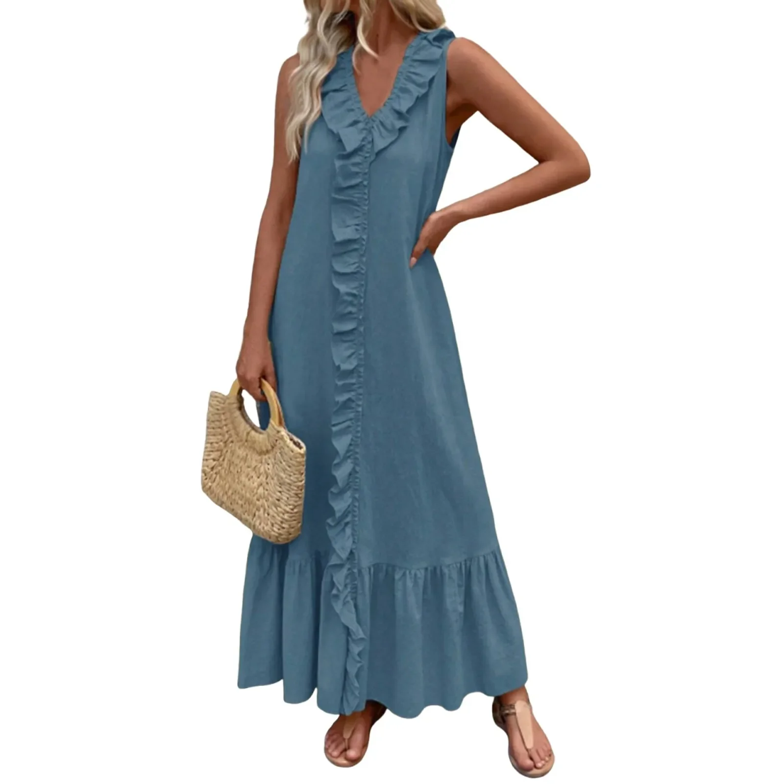 Ladies New Temperament Fashionable Spring Summer Vacation Dress Casual Solid Color Sleeveless Cotton Hemp V-neck Swing Dress 
Ladies New Temperament Fashionable Spring Summer Vacation Dress Casual Solid Color Sleeveless Cotton Hemp V-neck Swing Dress