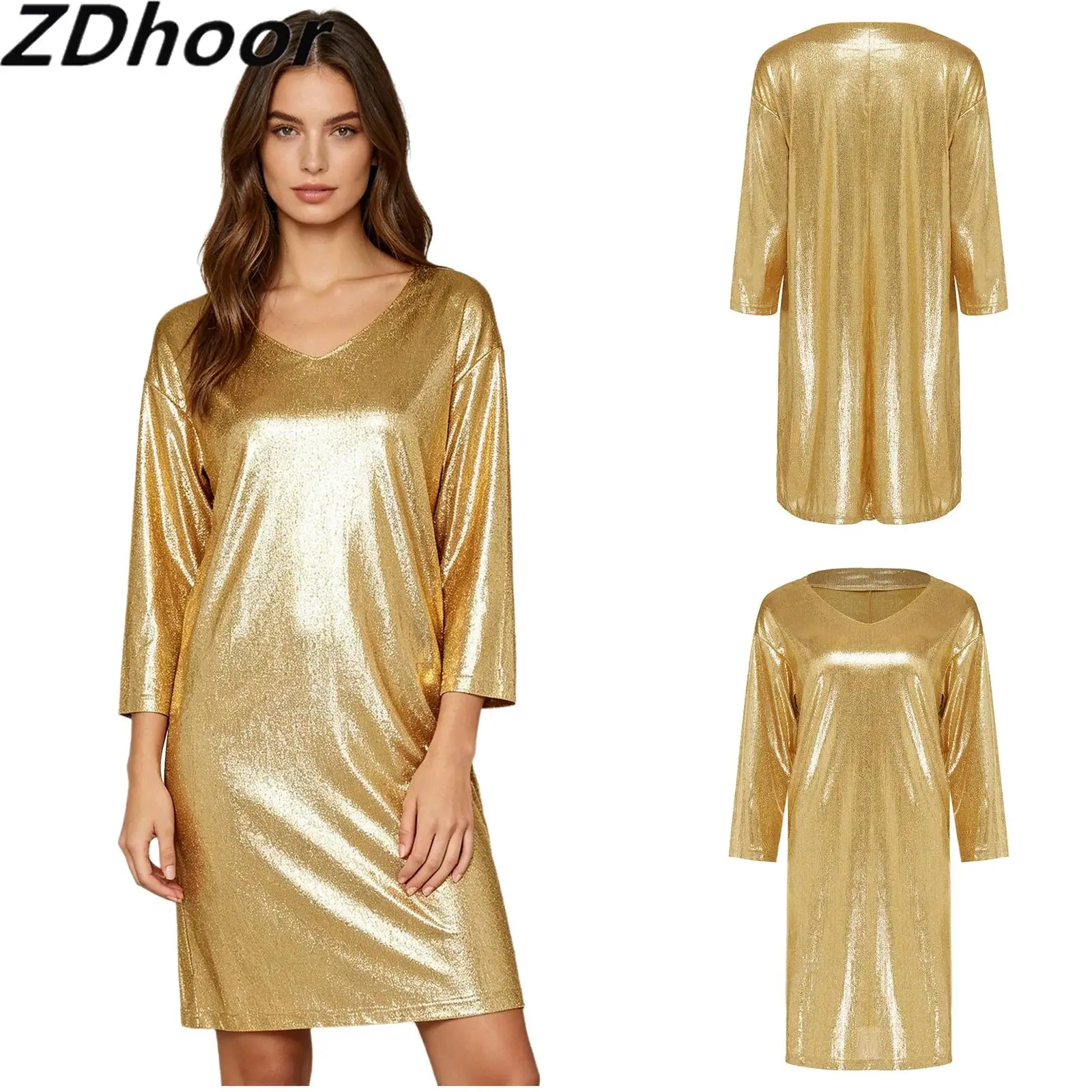 Womens Metallic Shiny Pullover Dress V Neck 3/4 Sleeve Side Pockets Split Hem Loose Fitting Shirt Dress for Disco Party
Womens Metallic Shiny Pullover Dress V Neck 3/4 Sleeve Side Pockets Split Hem Loose Fitting Shirt Dress for Disco Party