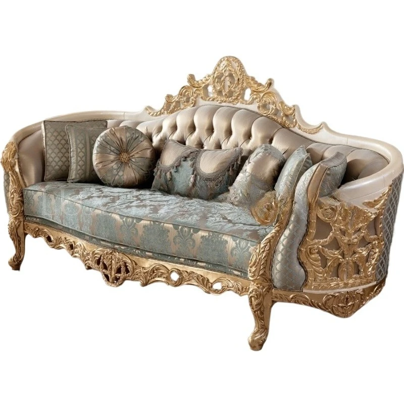 European solid wood carved gold leaf sofa French luxury villa living room furniture Home fabric sofa combination
European solid wood carved gold leaf sofa French luxury villa living room furniture Home fabric sofa combination