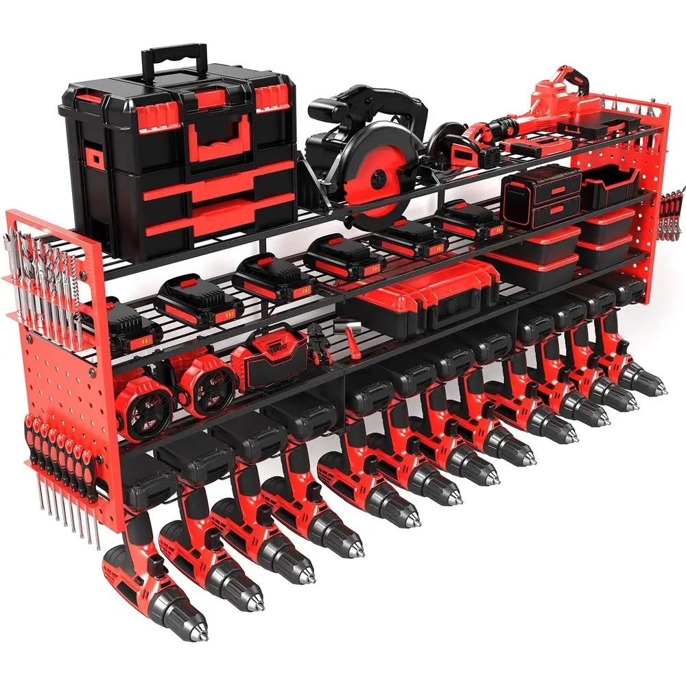 48 Heavy-Duty Wall-Mounted Power Tool Organizer with 12 Drill Holders, 4-Tier Storage, Side Panels, and 4 Long Hooks for Garage
48 Heavy-Duty Wall-Mounted Power Tool Organizer with 12 Drill Holders, 4-Tier Storage, Side Panels, and 4 Long Hooks for Garage