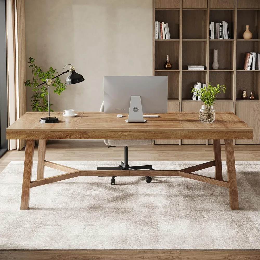 71-Inch Executive Desk, Farmhouse Office Computer Desk with Sturdy Leg Structure, Rectangular Writing Table, Customized