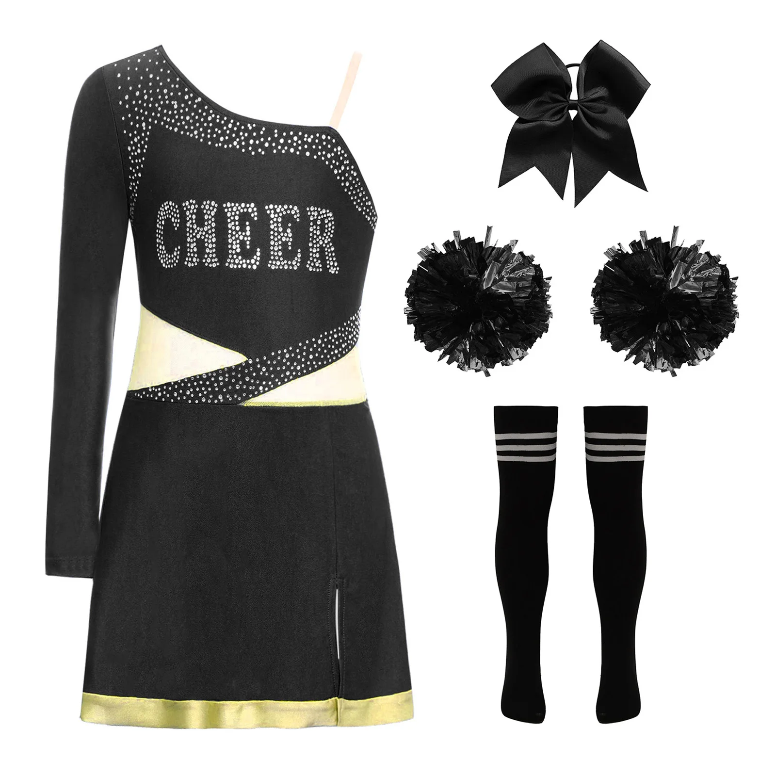 Competition Cheerleading Team Dance Shiny Dress with Hair Tie Hand Flowers And Striped Knee High Tube Socks Cheer Applaud Sets
Competition Cheerleading Team Dance Shiny Dress with Hair Tie Hand Flowers And Striped Knee High Tube Socks Cheer Applaud Sets
