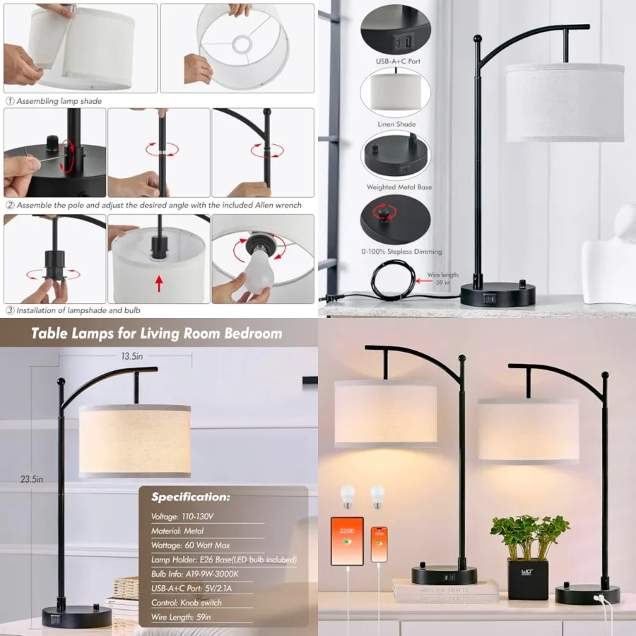 Table Lamp for Living Room Bedroom, 23.5" Table Lamps Set of 2 with USB C+A Ports, Bedside Lamps for Nightstand with Linen Lamp
Table Lamp for Living Room Bedroom, 23.5" Table Lamps Set of 2 with USB C+A Ports, Bedside Lamps for Nightstand with Linen Lamp