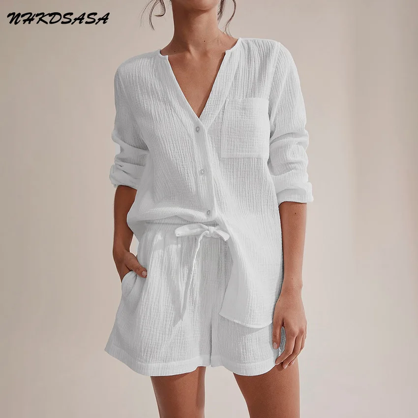 NHKDSASA Pocket White Sleepwear Cotton Suit With Shorts Female Lacing Long Sleeves Set Woman 2 Pieces V-Neck Women Pajama Summer
NHKDSASA Pocket White Sleepwear Cotton Suit With Shorts Female Lacing Long Sleeves Set Woman 2 Pieces V-Neck Women Pajama Summer