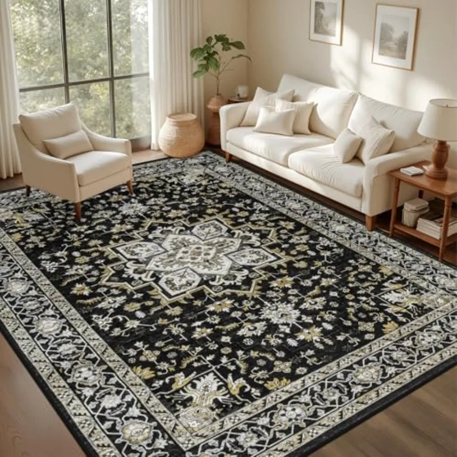 Living Room Area Rug: Washable Vintage Boho Medallion Rug in Black Gold, Stain Resistant Soft Indoor Carpet for Bedroom Dining
Living Room Area Rug: Washable Vintage Boho Medallion Rug in Black Gold, Stain Resistant Soft Indoor Carpet for Bedroom Dining