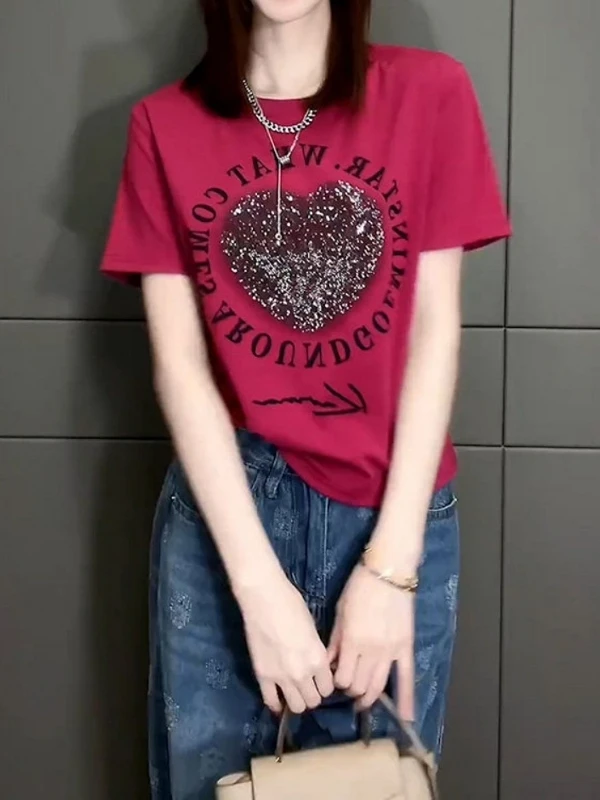 Heavy-Embroidered Rhinestone Pure Cotton Short-Sleeve Women's T-Shirt Summer Loose plus Size Fashionable Versatile Slimming Top
Heavy-Embroidered Rhinestone Pure Cotton Short-Sleeve Women's T-Shirt Summer Loose plus Size Fashionable Versatile Slimming Top