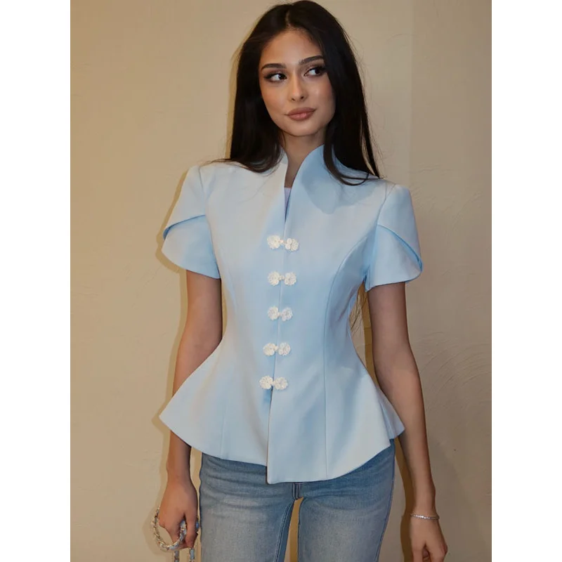 BKQU Elegant Stand Collar Blouse Women's Short Puff Sleeve Chic Single Breasted Waist-closed Shirts 2026 Summer Street Party Top
BKQU Elegant Stand Collar Blouse Women's Short Puff Sleeve Chic Single Breasted Waist-closed Shirts 2026 Summer Street Party Top