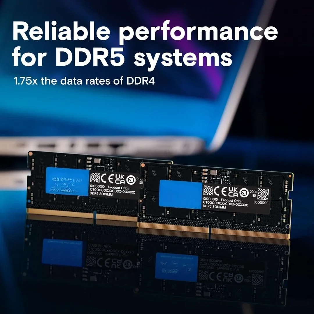 64 ГБ оперативной памяти DDR5, 5600 МГц (или 5200 МГц или 4800 МГц), комплект для ноутбуков, SODIMM 262-контактный, совместим с процессорами Intel Core 13-го поколения
64 ГБ оперативной памяти DDR5, 5600 МГц (или 5200 МГц или 4800 МГц), комплект для ноутбуков, SODIMM 262-контактный, совместим с процессорами Intel Core 13-го поколения