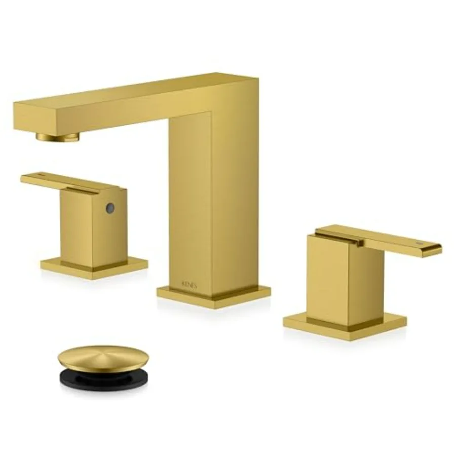 Widespread bathroom faucet for 3-hole sink brushed gold finish brass two-handle design with 8-inch spread includes pop-up drain
Widespread bathroom faucet for 3-hole sink brushed gold finish brass two-handle design with 8-inch spread includes pop-up drain