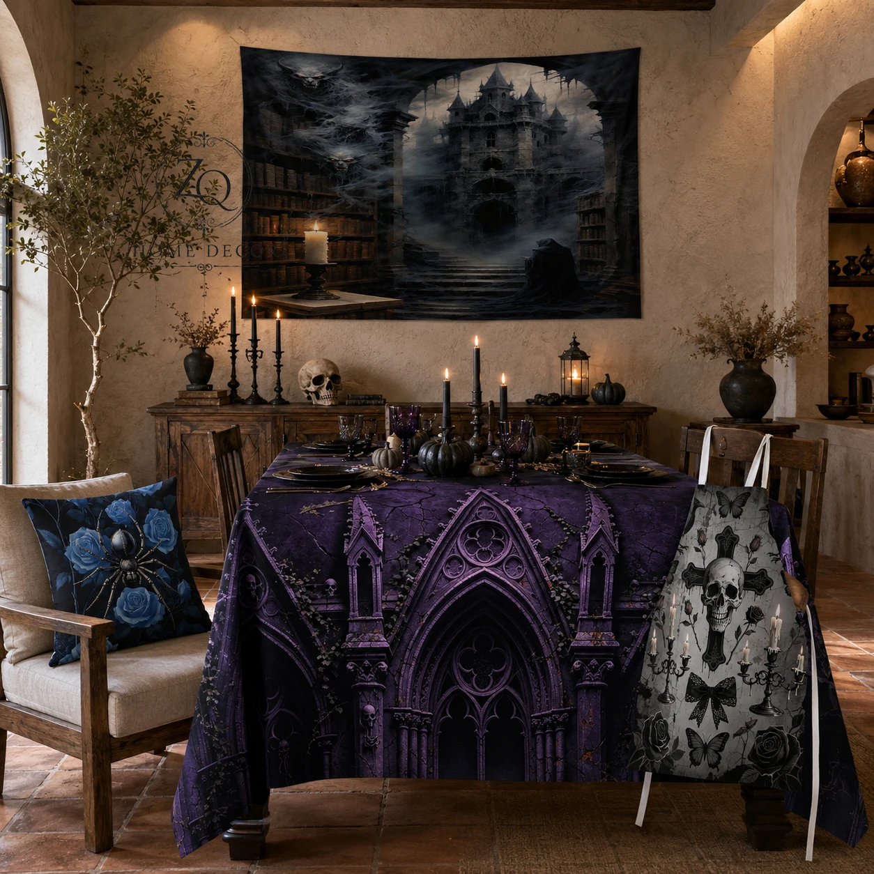 Gothic Halloween Decoration for Home, Dark Castle Tapestry, Purple Cathedral Tablecloth, Spider Cushion Cover, Skull Apron
Gothic Halloween Decoration for Home, Dark Castle Tapestry, Purple Cathedral Tablecloth, Spider Cushion Cover, Skull Apron