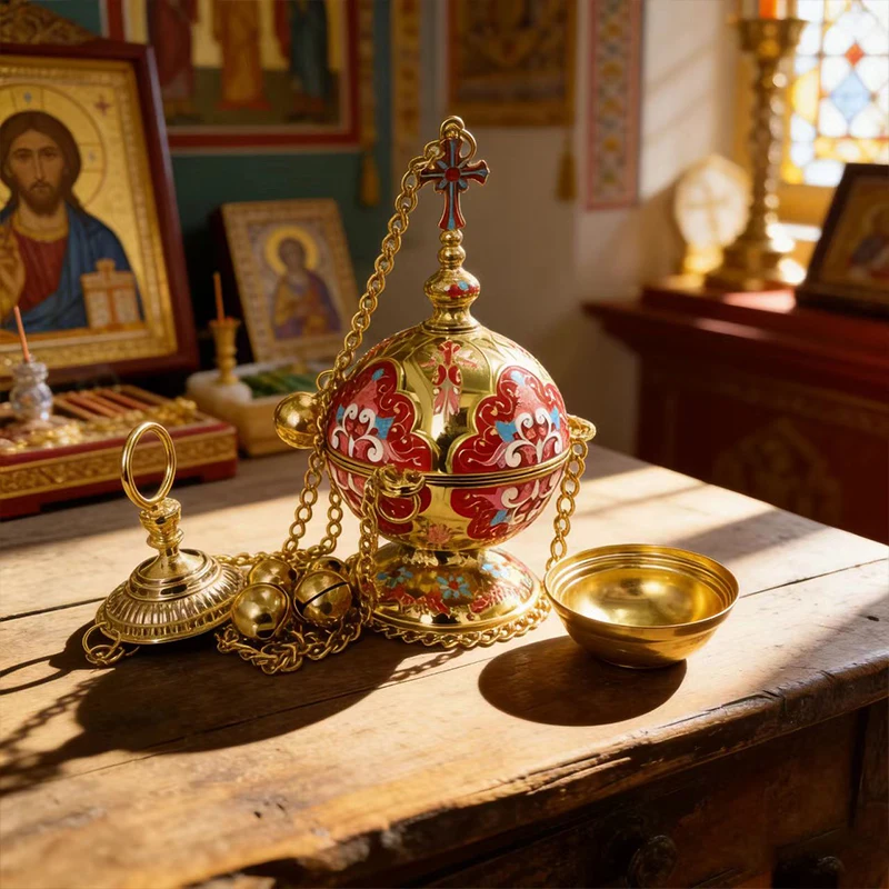 Luxury Gold Plated Orthodox Hanging Censer Set with Colorful Enamel Floral Patterns and Bells for Church Liturgy Home Altar Gift
Luxury Gold Plated Orthodox Hanging Censer Set with Colorful Enamel Floral Patterns and Bells for Church Liturgy Home Altar Gift