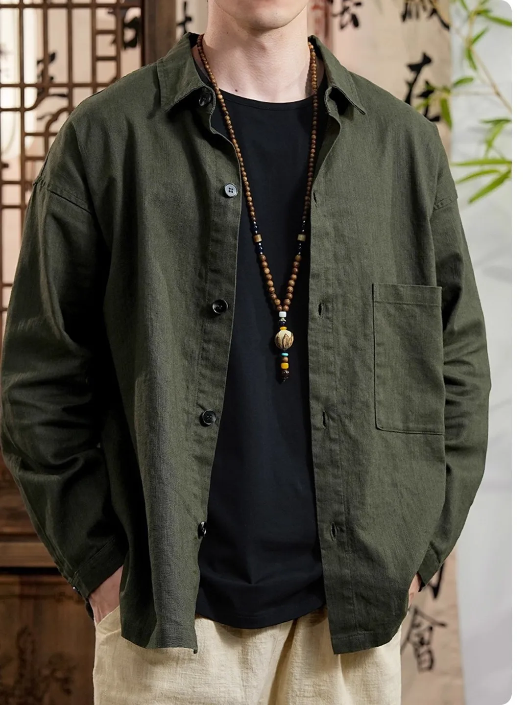 Casual Loose Fit Chinese Style Thin Silk Shirt Men's Autumn New Fashion Lapel Pocket Jacket Military Green Outerwear
Casual Loose Fit Chinese Style Thin Silk Shirt Men's Autumn New Fashion Lapel Pocket Jacket Military Green Outerwear