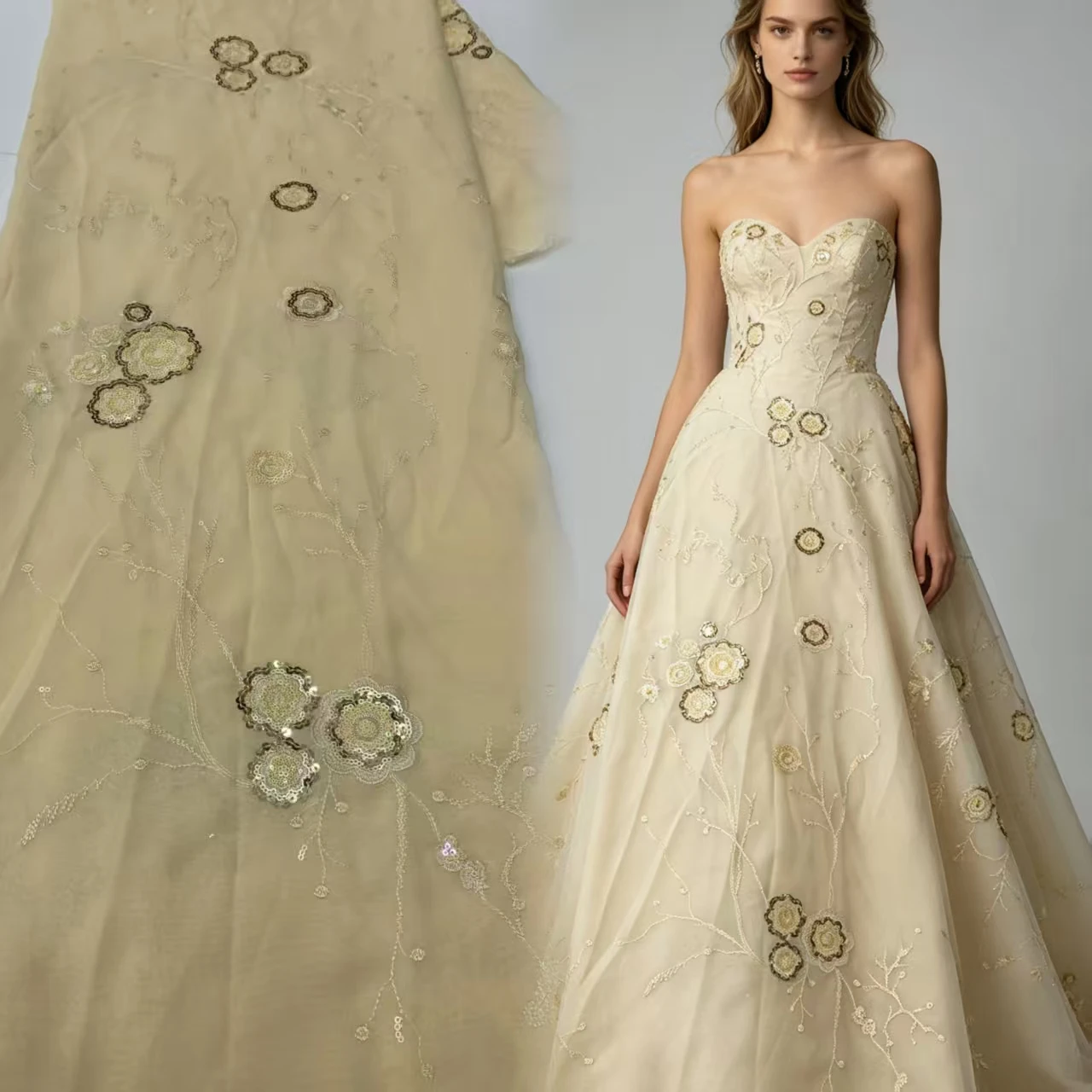 Luxury 3D Floral Sequin Embroidered Chiffon Fabric, Heavy Lace Fabric for High-End Bridal Gown Cheongsam Stage Costume
Luxury 3D Floral Sequin Embroidered Chiffon Fabric, Heavy Lace Fabric for High-End Bridal Gown Cheongsam Stage Costume