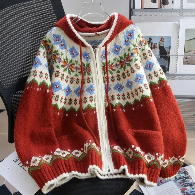 Fashion Vintage Cardigan Hooded Pockets Zipper Contrast Color Sweaters Lazy Style Knit Tops All Match Loose 2025 Women Clothing
Fashion Vintage Cardigan Hooded Pockets Zipper Contrast Color Sweaters Lazy Style Knit Tops All Match Loose 2025 Women Clothing