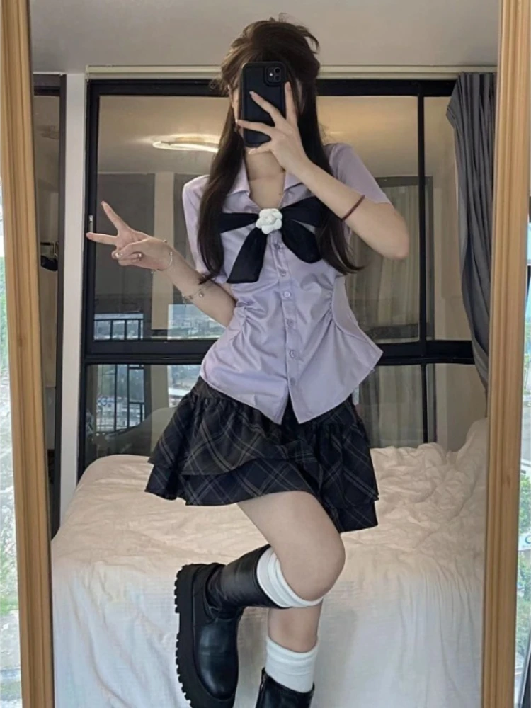 Summer Sweet Bow Slim Fit Short Sleeve Jk Shirt Women+ Y2k High Waist Ruched Plaid Cake Skirts 2025 New Two Piece Sets
Summer Sweet Bow Slim Fit Short Sleeve Jk Shirt Women+ Y2k High Waist Ruched Plaid Cake Skirts 2025 New Two Piece Sets
