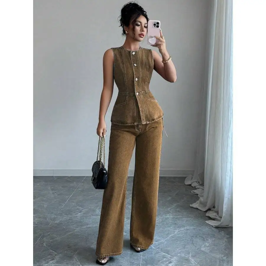 Womens Denim Sleeveless Button Front Vest And Wide Leg Pants Set
Womens Denim Sleeveless Button Front Vest And Wide Leg Pants Set