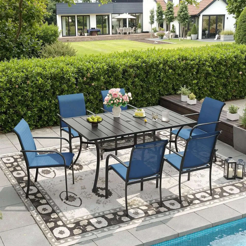 7 Pieces Patio Dining Set for 6, Patio Furniture Includes Blue Stackable Sling Outdoor Chairs and 59.2 Rectangle Metal Black Ta
7 Pieces Patio Dining Set for 6, Patio Furniture Includes Blue Stackable Sling Outdoor Chairs and 59.2 Rectangle Metal Black Ta
