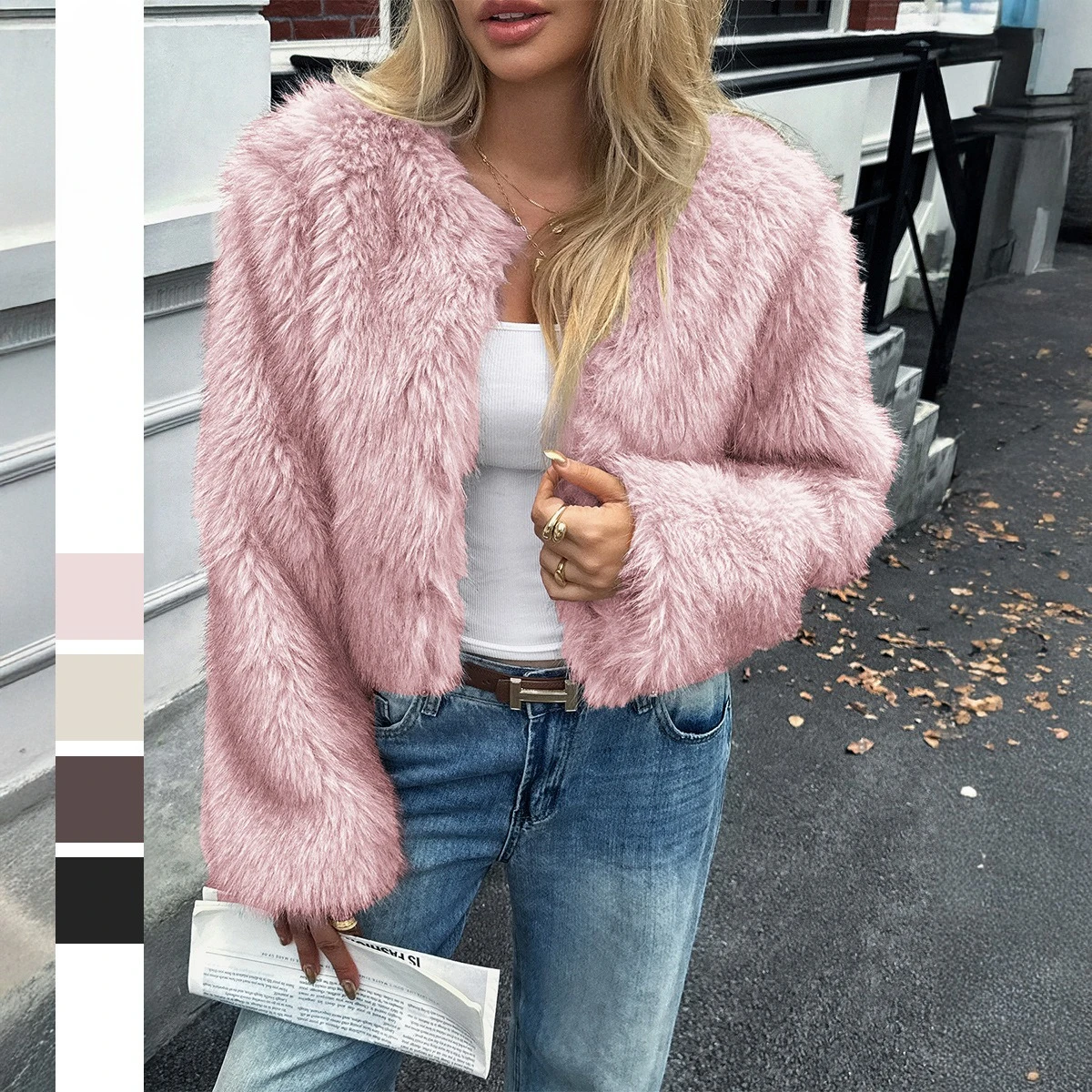 Осень-зима 202, новая универсальная однотонная женская повседневная шуба с мехом, модная женская короткая куртка с круглым вырезом
Осень-зима 202, новая универсальная однотонная женская повседневная шуба с мехом, модная женская короткая куртка с круглым вырезом