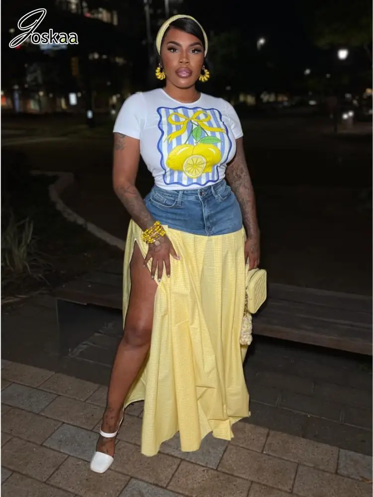 Joskaa Women's 2025 Beach 2 Piece Sets Sexy Short Sleeve Crop Tops+Denim Patchwork Plaid Print Slit Skirt Match Y2K Streetwear
Joskaa Women's 2025 Beach 2 Piece Sets Sexy Short Sleeve Crop Tops+Denim Patchwork Plaid Print Slit Skirt Match Y2K Streetwear