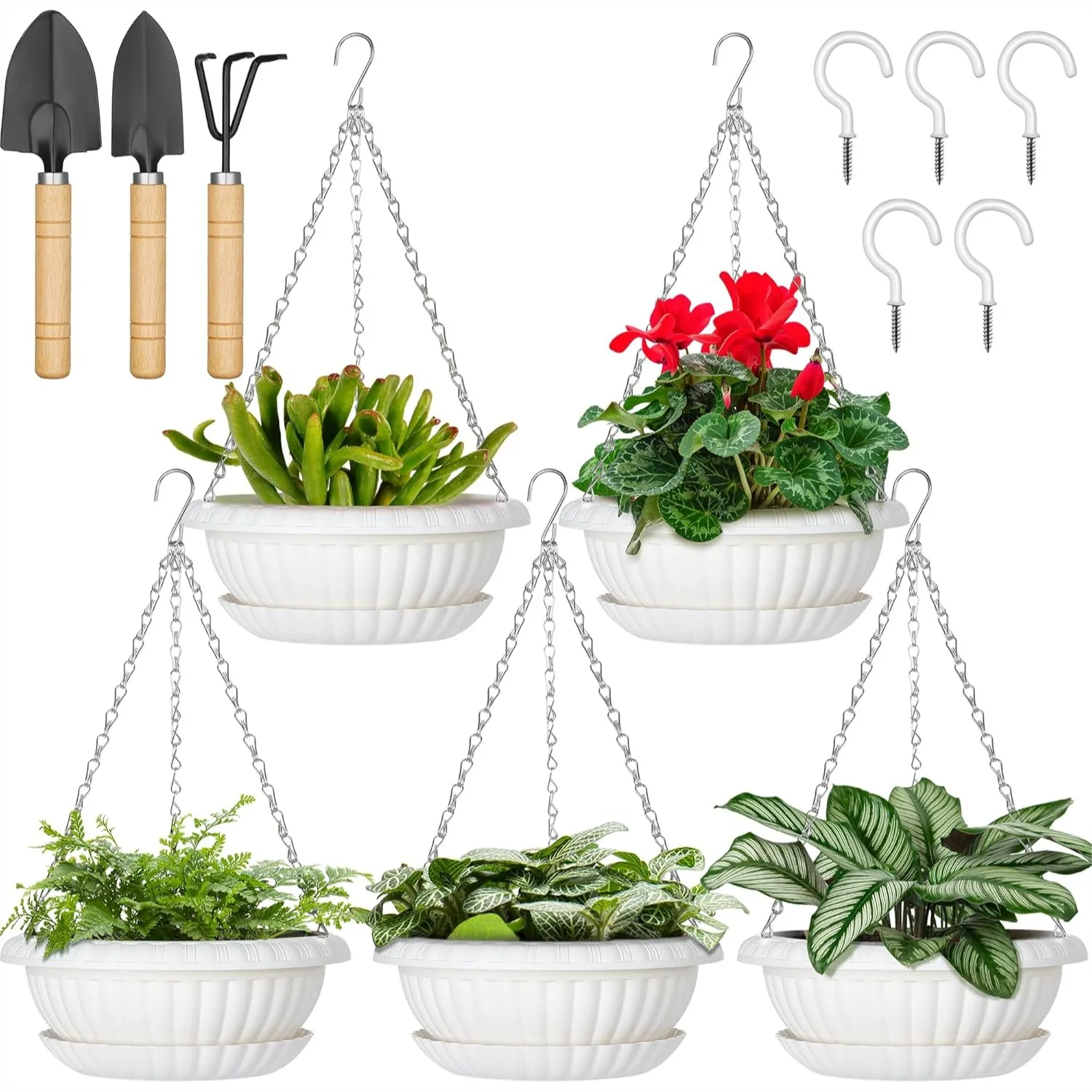 Hanging Planters 5 Pack 11 Inch White Hanging Pots with Drainage Trays and Chains for Indoor Outdoor Plants
Hanging Planters 5 Pack 11 Inch White Hanging Pots with Drainage Trays and Chains for Indoor Outdoor Plants