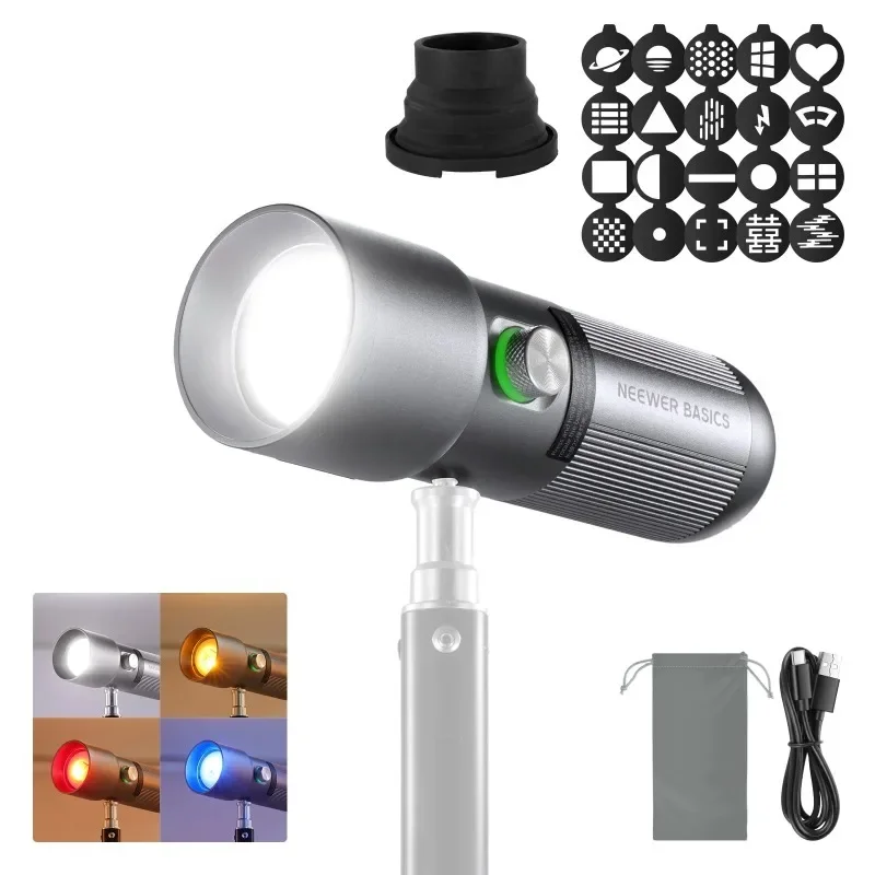 BASICS RGB Photography Flashlight with 4 Colors/20 Gobo Filters/7500mAh, 10W LED Video Spotlight For Video Recording
BASICS RGB Photography Flashlight with 4 Colors/20 Gobo Filters/7500mAh, 10W LED Video Spotlight For Video Recording