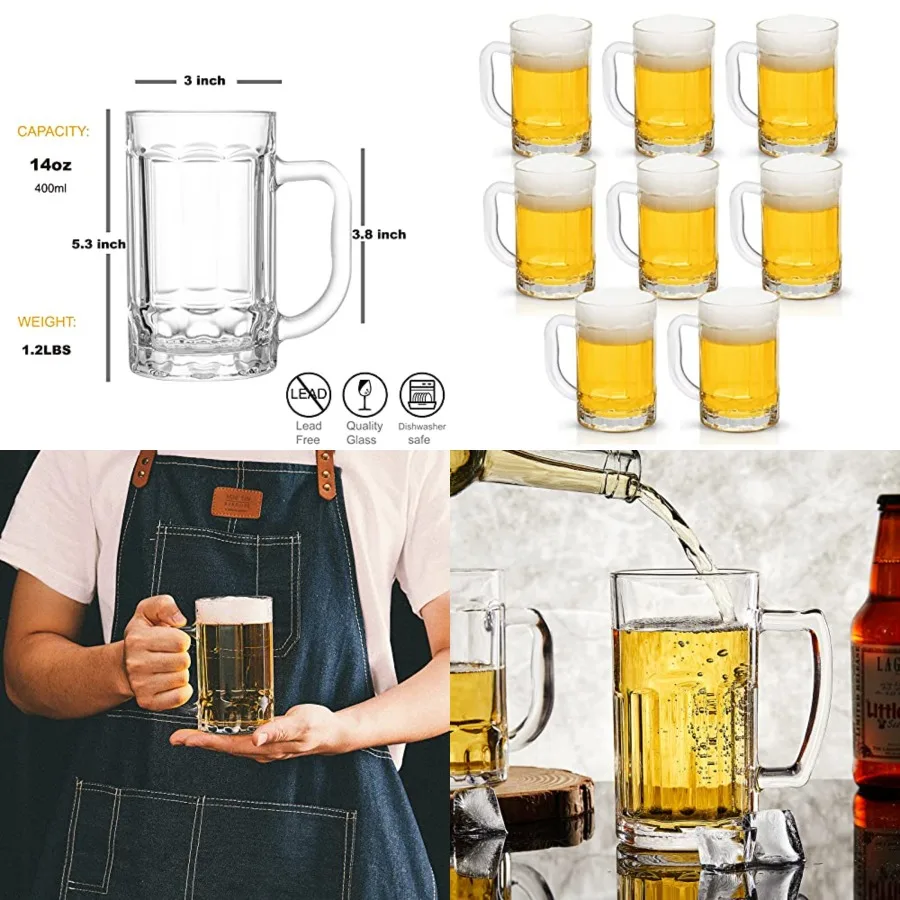 Pack Heavy Beer Glasses with Handle - 1 oz Glass Steins, Classic Beer Mug glasses Set
Pack Heavy Beer Glasses with Handle - 1 oz Glass Steins, Classic Beer Mug glasses Set