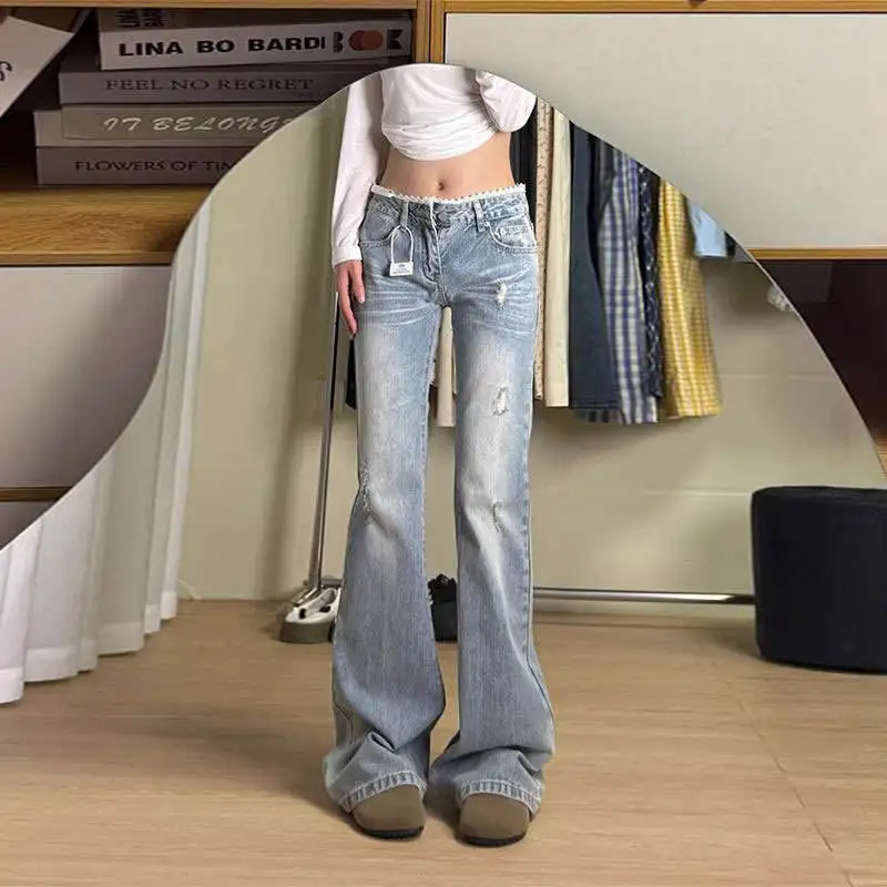 Low Waist Bell Bottom Lace Trimmed Denim Jeans Women's Summer Slimming Versatile Long Pants Commute Style Ultra Thin
Low Waist Bell Bottom Lace Trimmed Denim Jeans Women's Summer Slimming Versatile Long Pants Commute Style Ultra Thin