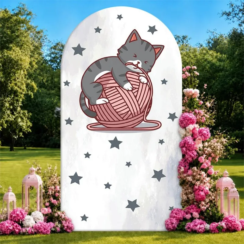 Single Side Arch Backdrop Cover Whimsical Cat Napping on Yarn Background for Party Decor with Star Motif and Pink Floral
Single Side Arch Backdrop Cover Whimsical Cat Napping on Yarn Background for Party Decor with Star Motif and Pink Floral