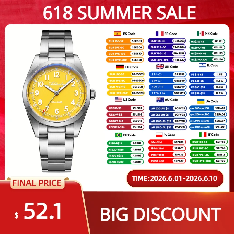 ADDIESDIVE 36mm Woman Watch Super 2035 Japan Quartz 10Bar Waterproof BGW9 Luminous Stainless Steel Diver Wristwatch AD2521 New
ADDIESDIVE 36mm Woman Watch Super 2035 Japan Quartz 10Bar Waterproof BGW9 Luminous Stainless Steel Diver Wristwatch AD2521 New