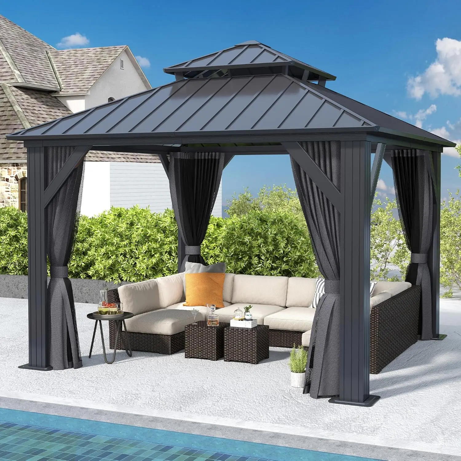 10'x10'Hardtop Gazebo, Heavy Duty Double Roof Galvanized Aluminum gazebos with Netting &Curtain,Patio Gazebo for Patio(10x10 FT)
10'x10'Hardtop Gazebo, Heavy Duty Double Roof Galvanized Aluminum gazebos with Netting &Curtain,Patio Gazebo for Patio(10x10 FT)