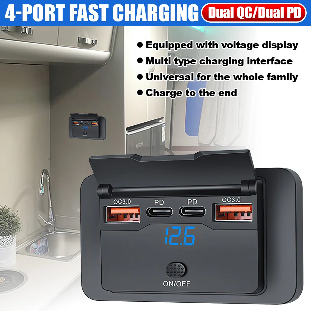 Панель розеток USB 12/24 В для автодома, двойная розетка QC3.0 и двойная розетка PD3.0 для быстрой зарядки с переключателем и светодиодным вольтметром для лодки, квадроцикла, мотоцикла
Панель розеток USB 12/24 В для автодома, двойная розетка QC3.0 и двойная розетка PD3.0 для быстрой зарядки с переключателем и светодиодным вольтметром для лодки, квадроцикла, мотоцикла