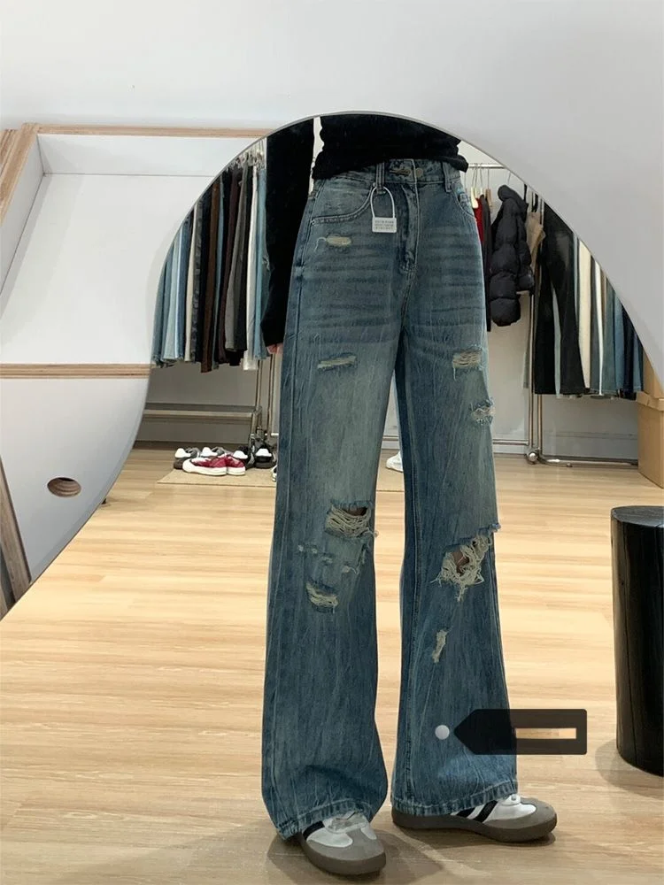 High Waist Wide Leg Denim Jeans Women's Summer New High Street Hole Slimming Floor-Length Pants Vintage Style Pure Color
High Waist Wide Leg Denim Jeans Women's Summer New High Street Hole Slimming Floor-Length Pants Vintage Style Pure Color