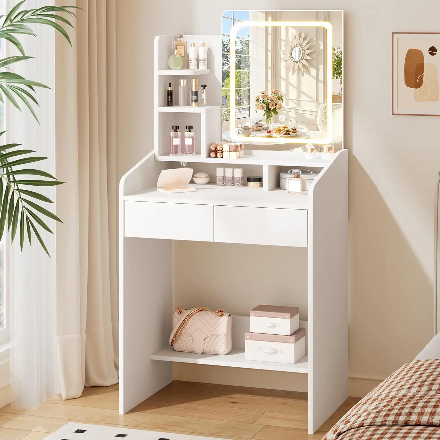 Small Makeup Vanity Desk with Lighted Mirror, White, 23.62" W x 15.74" D x 53.93" H (Smart LED Mirror, Open Shelves, 2 Drawers)
Small Makeup Vanity Desk with Lighted Mirror, White, 23.62" W x 15.74" D x 53.93" H (Smart LED Mirror, Open Shelves, 2 Drawers)