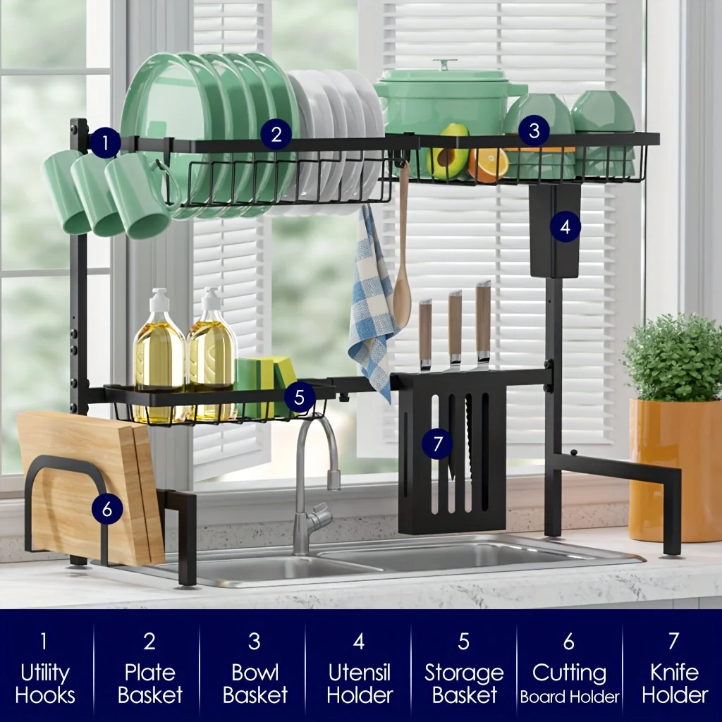 Adjustable Dish Drying Rack - Over-the-Sink Stainless Steel Drainer (26.8" to 33.9" W), Large Capacity, Black, Multifunctional Kitchen Organizer.
Adjustable Dish Drying Rack - Over-the-Sink Stainless Steel Drainer (26.8" to 33.9" W), Large Capacity, Black, Multifunctional Kitchen Organizer.