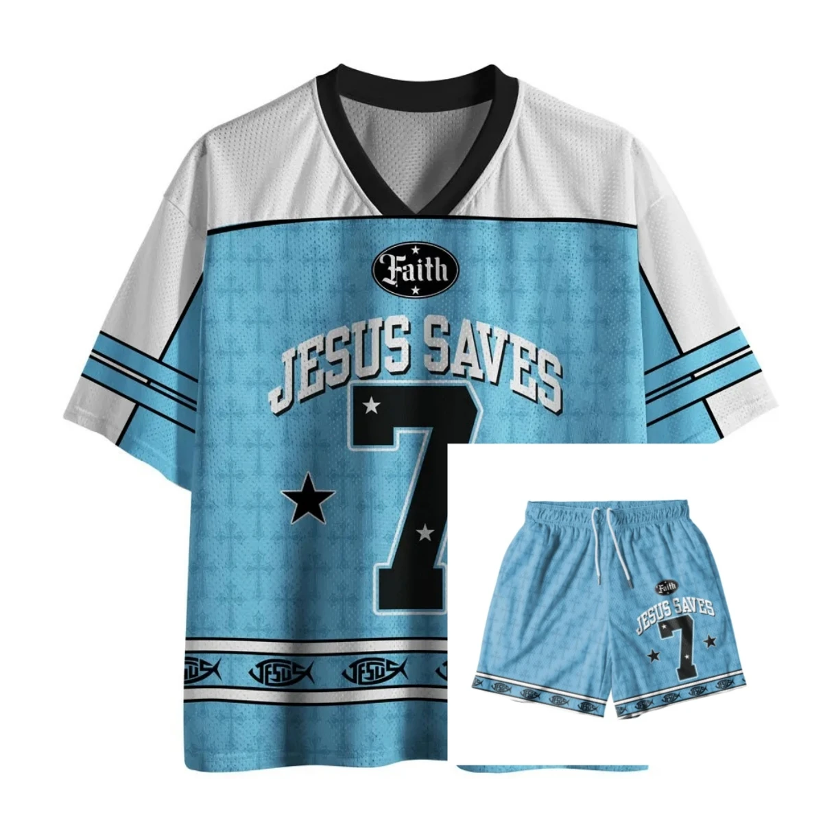 Jesus Saves Light Blue Christian American Football Style Jersey and Shorts Set Men's T-Shirt Set Summer Breathable Quick-drying
Jesus Saves Light Blue Christian American Football Style Jersey and Shorts Set Men's T-Shirt Set Summer Breathable Quick-drying