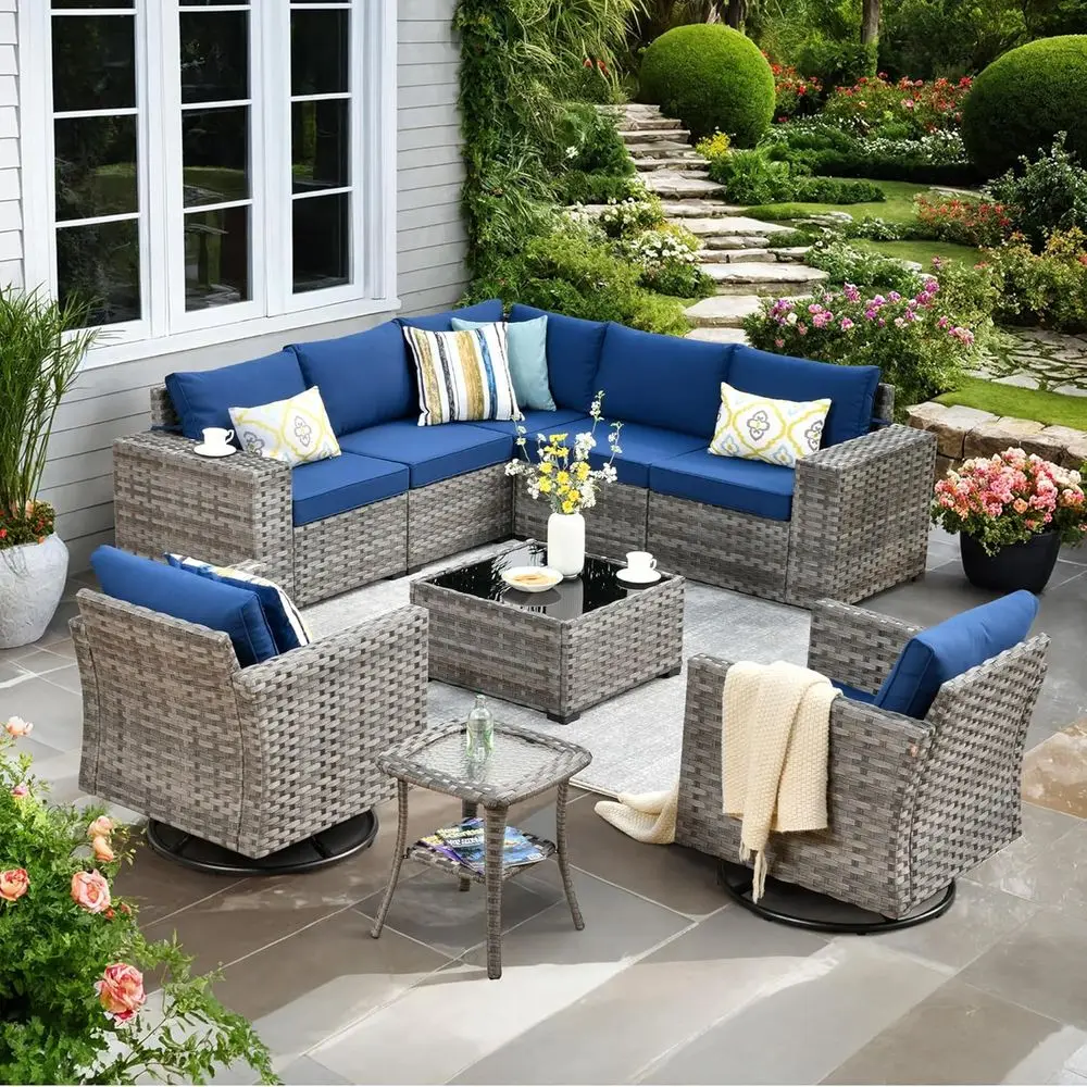 9-Piece Navy Blue Outdoor Patio Furniture Set with Swivel Rocking Chair and Sectional Sofa
9-Piece Navy Blue Outdoor Patio Furniture Set with Swivel Rocking Chair and Sectional Sofa