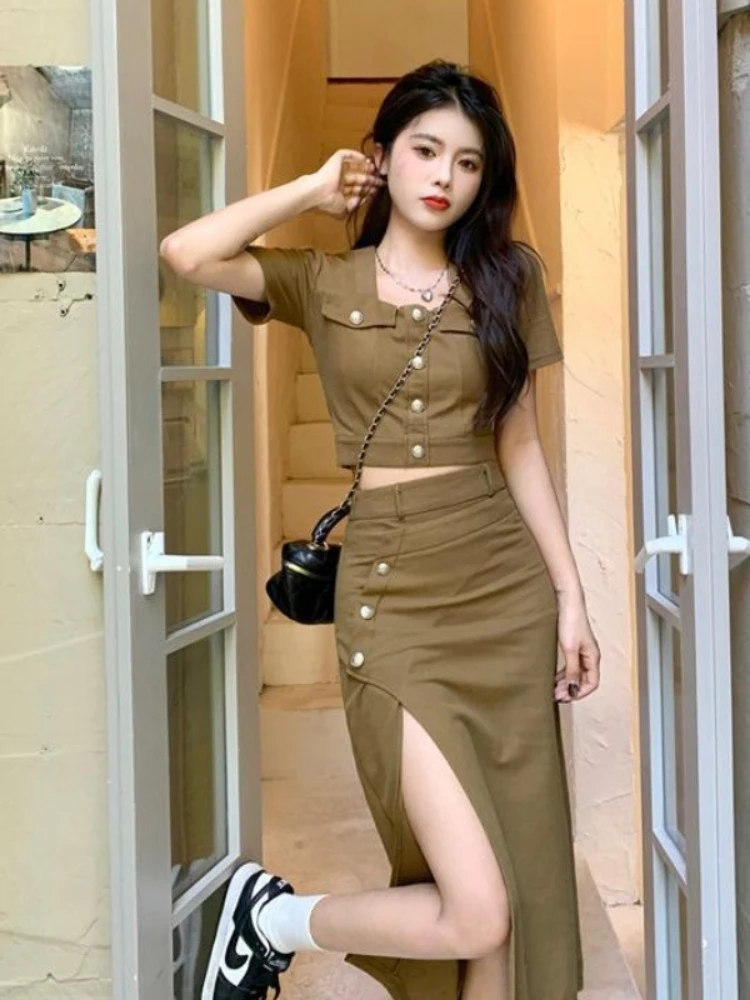 Khaki Women's Two Skirt Piece Set Formal Occasion Top and Bottom Co Ord Luxury Designer Clothing Korea Event Slit Female Outfits
Khaki Women's Two Skirt Piece Set Formal Occasion Top and Bottom Co Ord Luxury Designer Clothing Korea Event Slit Female Outfits