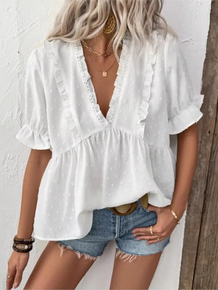 Fashion Lace Ruffles Shirt Top For Women Casual Solid Short Sleeve V Neck Pullover Shirts Tops Lady Holiday Womens Clothing New
Fashion Lace Ruffles Shirt Top For Women Casual Solid Short Sleeve V Neck Pullover Shirts Tops Lady Holiday Womens Clothing New