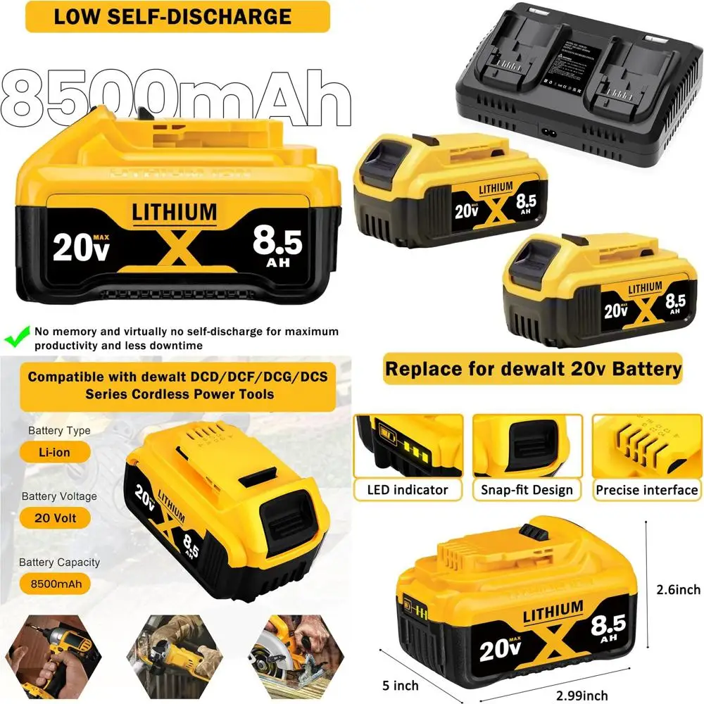 Сменная батарея 20В 8.5Ач для электроинструментов серии 20V MAX, совместима с моделями DCB206, DCB205, DCB203
Сменная батарея 20В 8.5Ач для электроинструментов серии 20V MAX, совместима с моделями DCB206, DCB205, DCB203