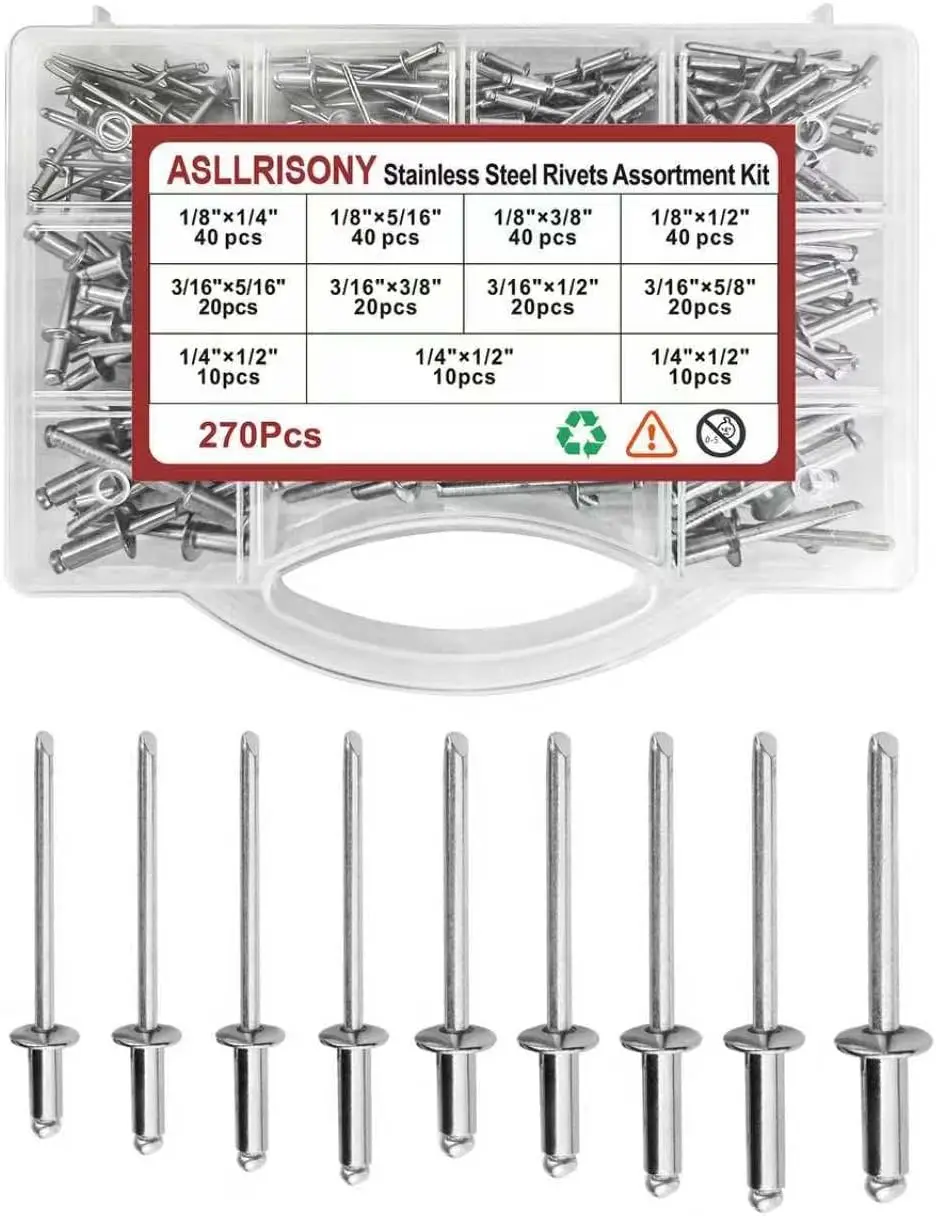 270 Pcs Stainless Steel Rivet Kit, 9 Sizes 1/8" 3/16" 1/4" Pop Rivets, Heavy-Duty Hand Rivet for Furniture Sheet Metal DIY
270 Pcs Stainless Steel Rivet Kit, 9 Sizes 1/8" 3/16" 1/4" Pop Rivets, Heavy-Duty Hand Rivet for Furniture Sheet Metal DIY
