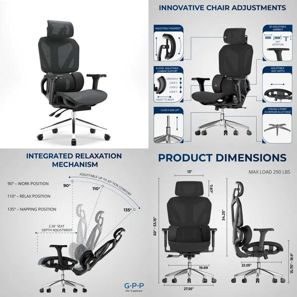 Ergonomic Mesh Chair with Headrest, Adjustable Armrests, and Lumbar Support for Up to 290lbs Capacity
Ergonomic Mesh Chair with Headrest, Adjustable Armrests, and Lumbar Support for Up to 290lbs Capacity