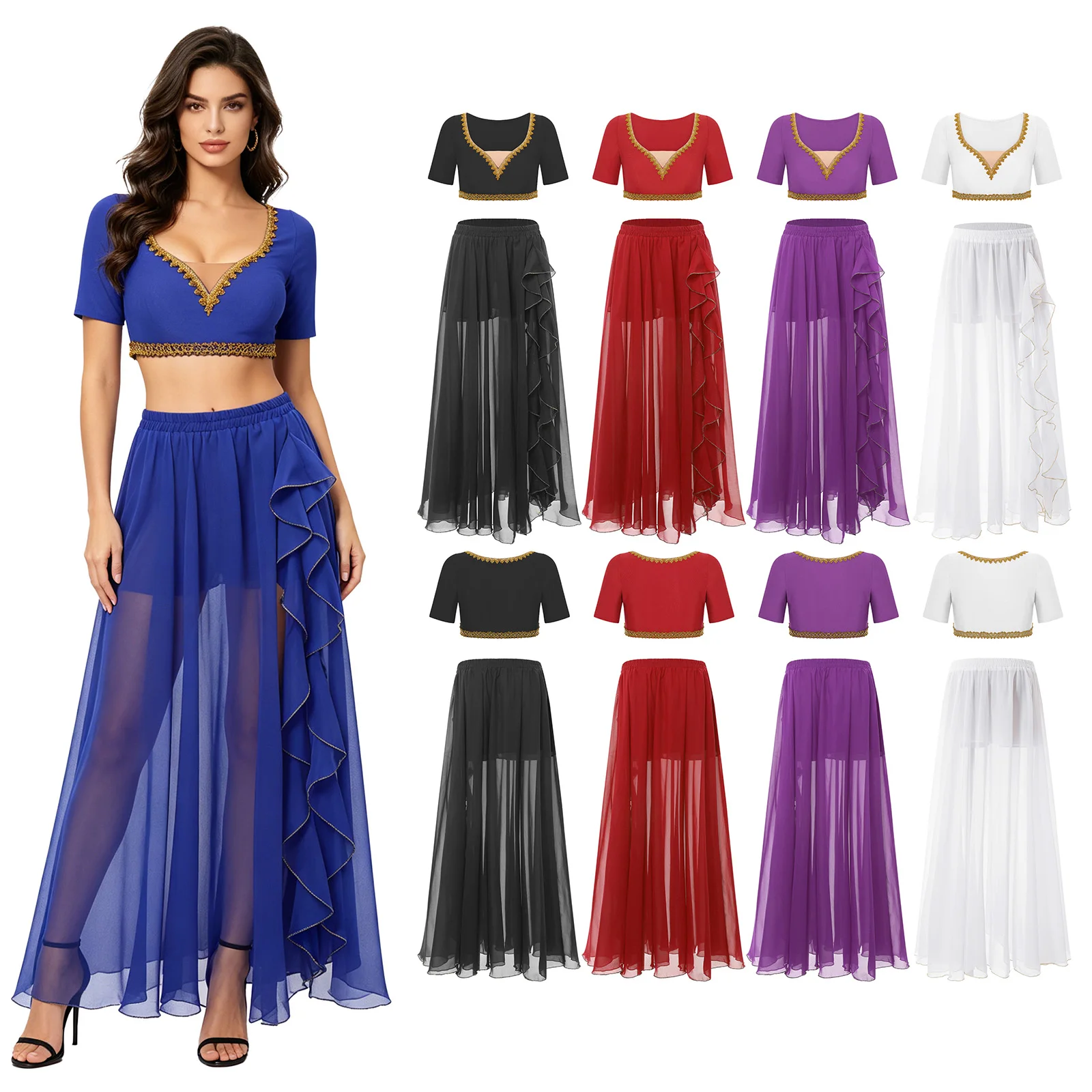 Women Oriental Indian Arabian Princess Belly Bellywood Costume Crop Top + Ruffles Split Mesh Skirt Arab Dance Performance Outfit
Women Oriental Indian Arabian Princess Belly Bellywood Costume Crop Top + Ruffles Split Mesh Skirt Arab Dance Performance Outfit