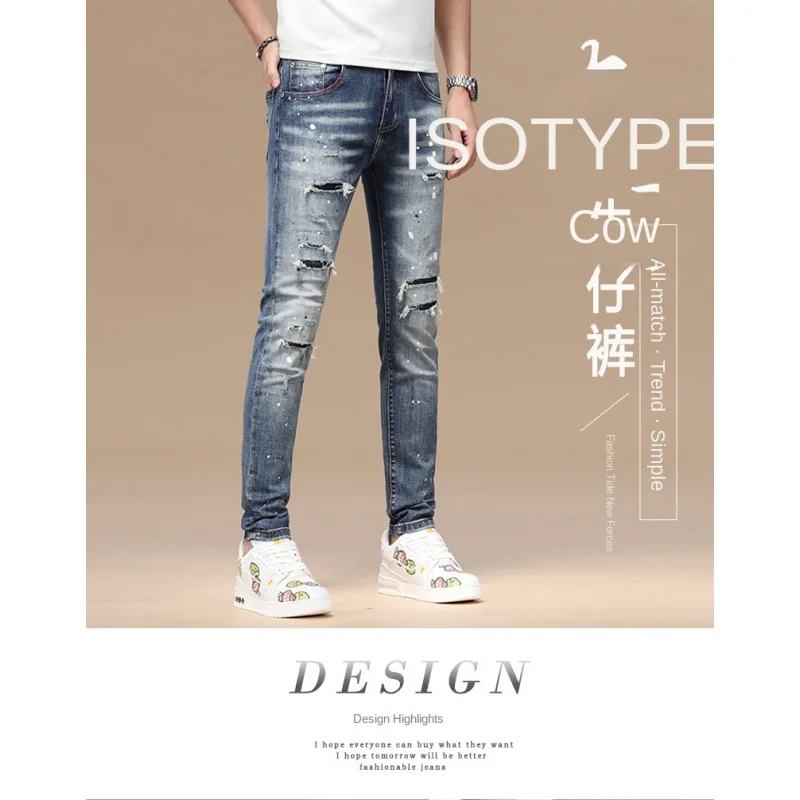 025 New Retro Blue Jeans for Men's Fashion Trend, Paint Printed Elastic Denim with Broken Holes, Slim fit Small Leg Pants
025 New Retro Blue Jeans for Men's Fashion Trend, Paint Printed Elastic Denim with Broken Holes, Slim fit Small Leg Pants
