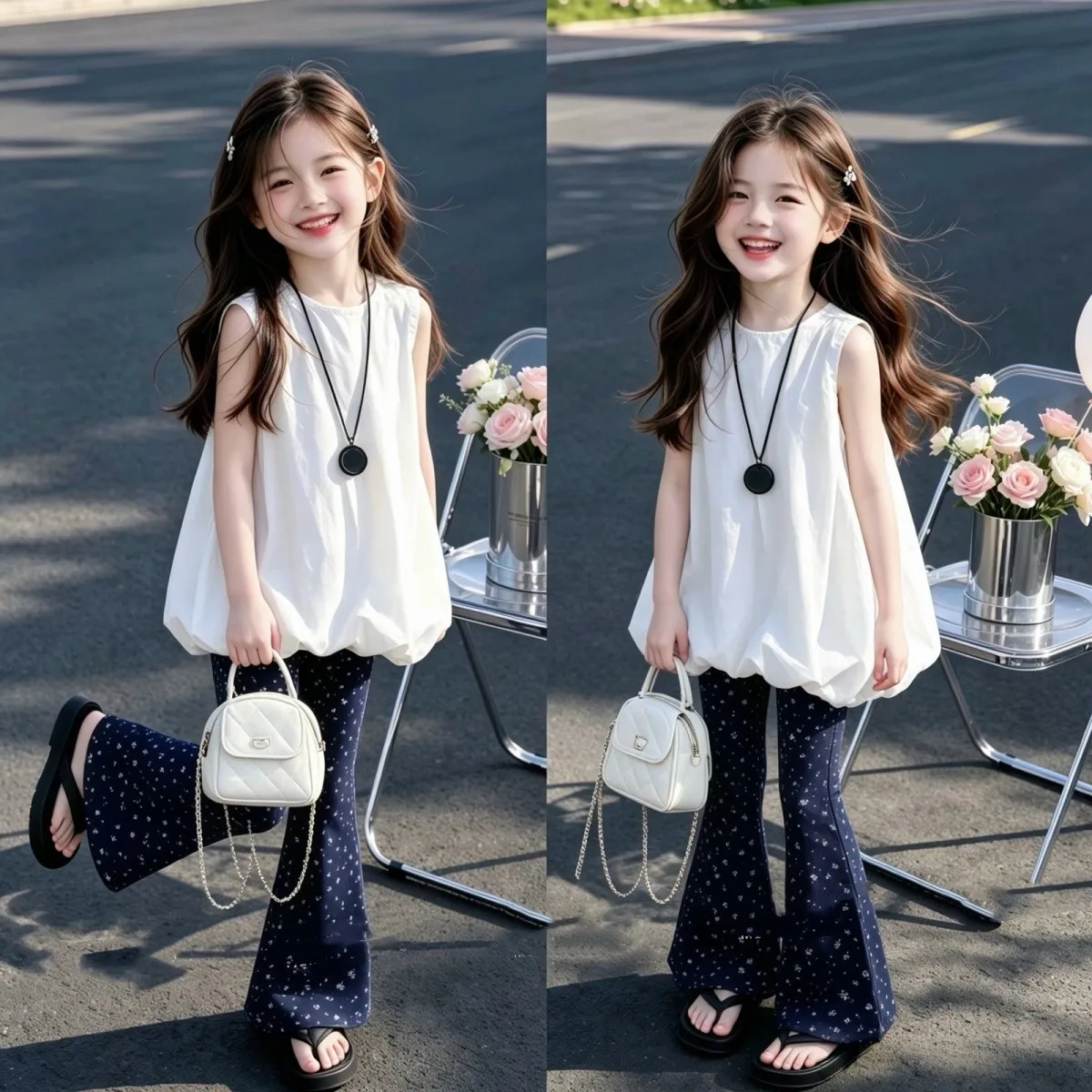 Girls' Summer Set New Children's Solid Color Sweet Sleeveless Top with Broken Flower Bellbottom Pants Two Piece Set
Girls' Summer Set New Children's Solid Color Sweet Sleeveless Top with Broken Flower Bellbottom Pants Two Piece Set