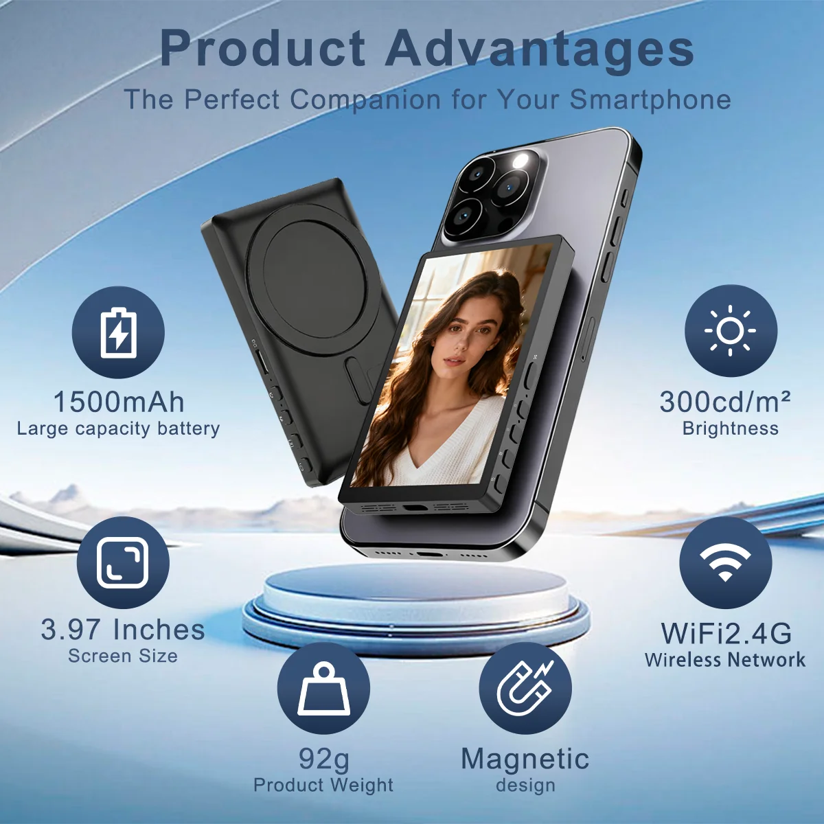 3.97in Magnetic Selfie Monitor 1500mAh 300cd/m² 2.4G WiFi Wireless Rear Camera Display for Smartphone Vlog Makeup Shoot
3.97in Magnetic Selfie Monitor 1500mAh 300cd/m² 2.4G WiFi Wireless Rear Camera Display for Smartphone Vlog Makeup Shoot