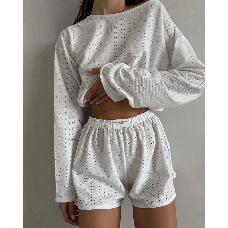 Pajamas For Women Summer Sleepwear Hollow Out Pajama Long Sleeve Tops Shorts Pyjama 2 Piece Set Homewear Nightwear Pijama Mujer
Pajamas For Women Summer Sleepwear Hollow Out Pajama Long Sleeve Tops Shorts Pyjama 2 Piece Set Homewear Nightwear Pijama Mujer