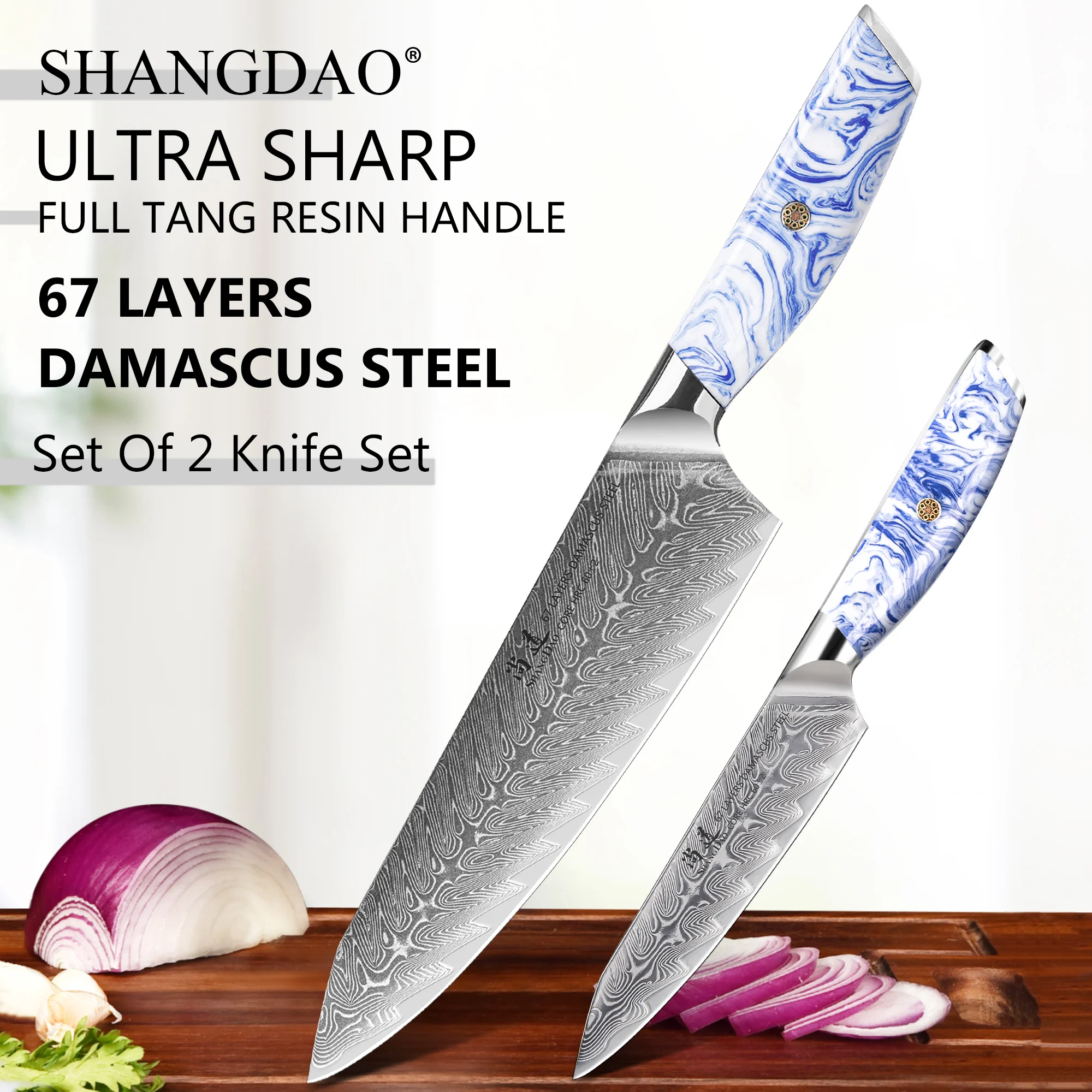 SHANGDAO 2pcs Damascus Forged Chef & Utility Knife Set ,High Quality Kitchen Knife Set, , with Ergonomic Resin Handle
SHANGDAO 2pcs Damascus Forged Chef & Utility Knife Set ,High Quality Kitchen Knife Set, , with Ergonomic Resin Handle