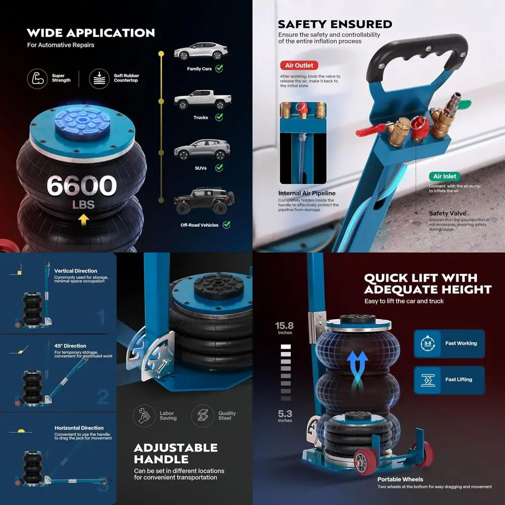 3-Ton Pneumatic Car Lift with Wheels, 6600 lbs Capacity, Adjustable Handle, 5.3-15.8 Lift Range, Blue
3-Ton Pneumatic Car Lift with Wheels, 6600 lbs Capacity, Adjustable Handle, 5.3-15.8 Lift Range, Blue